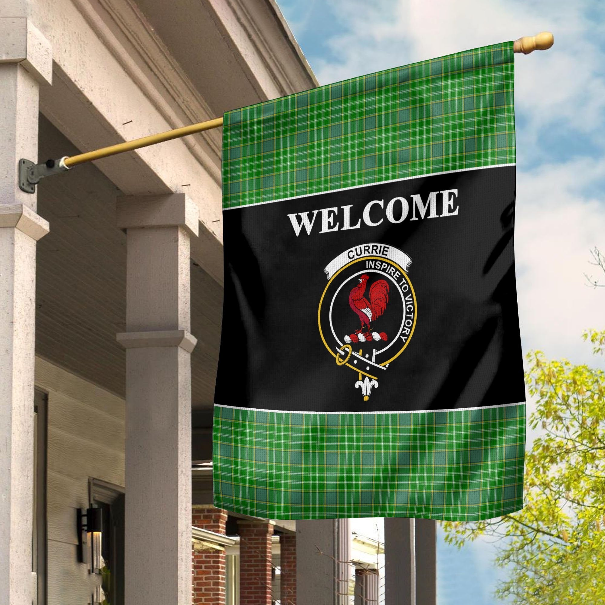 Currie Tartan Crest Black Garden Flag