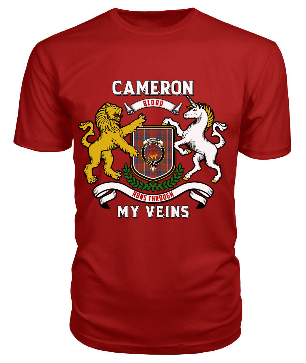 Cameron of Lochiel Ancient Tartan Crest 2D T-shirt - Blood Runs Through My Veins Style