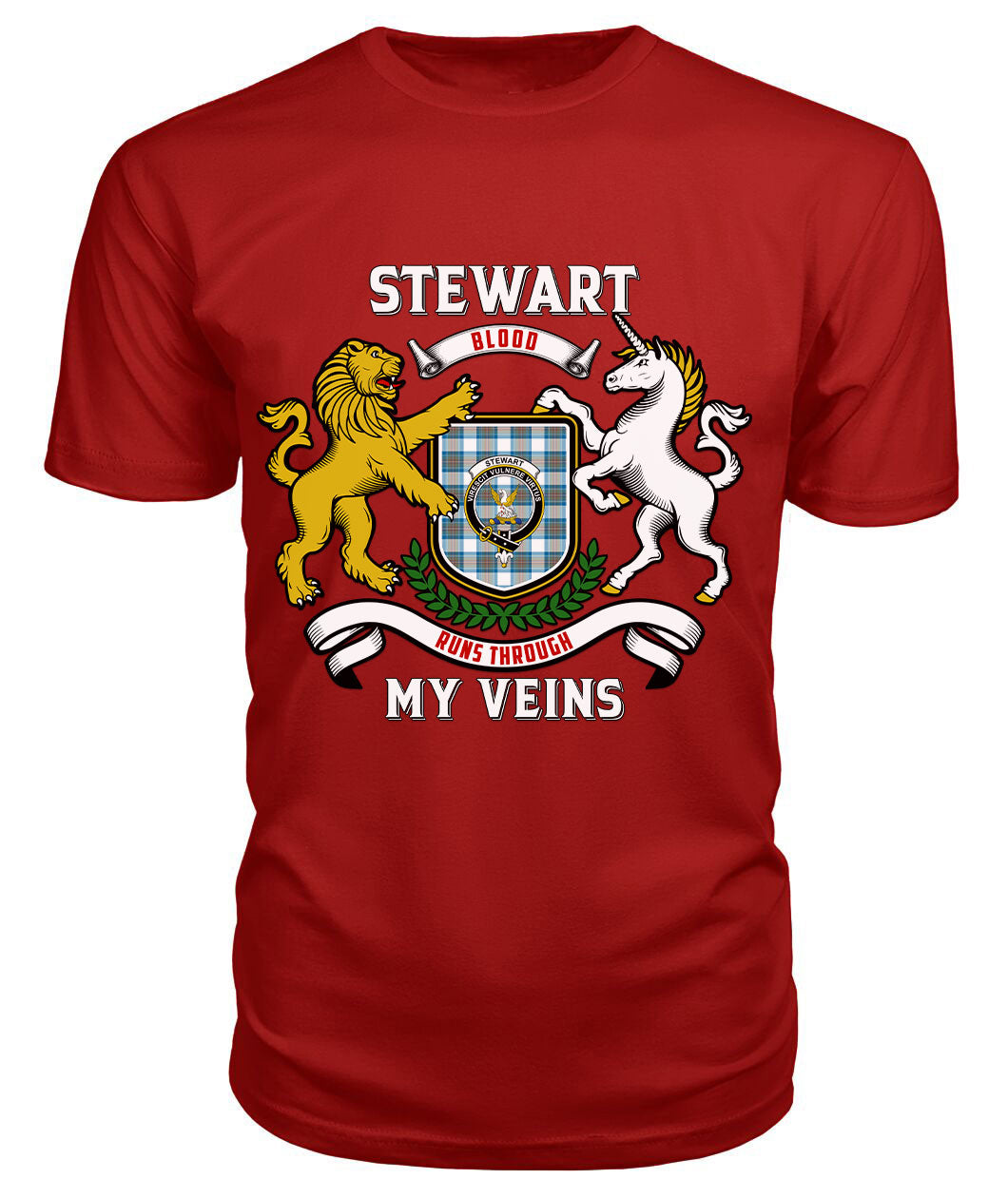 Stewart Muted Blue Tartan Crest 2D T-shirt - Blood Runs Through My Veins Style