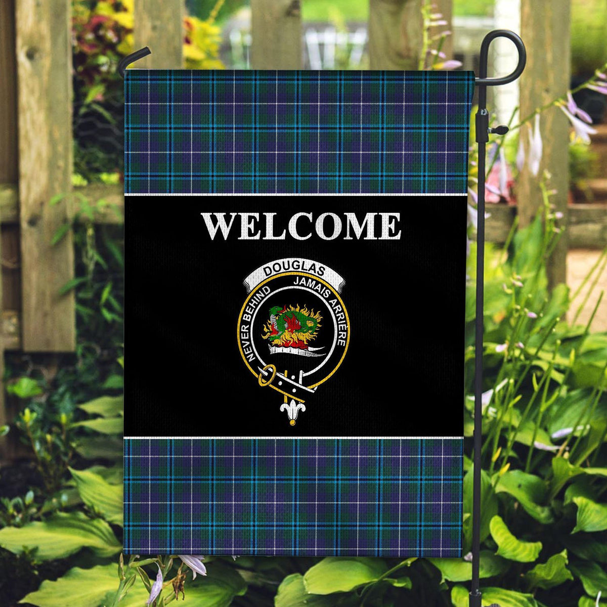 Douglas Tartan Crest Black Garden Flag