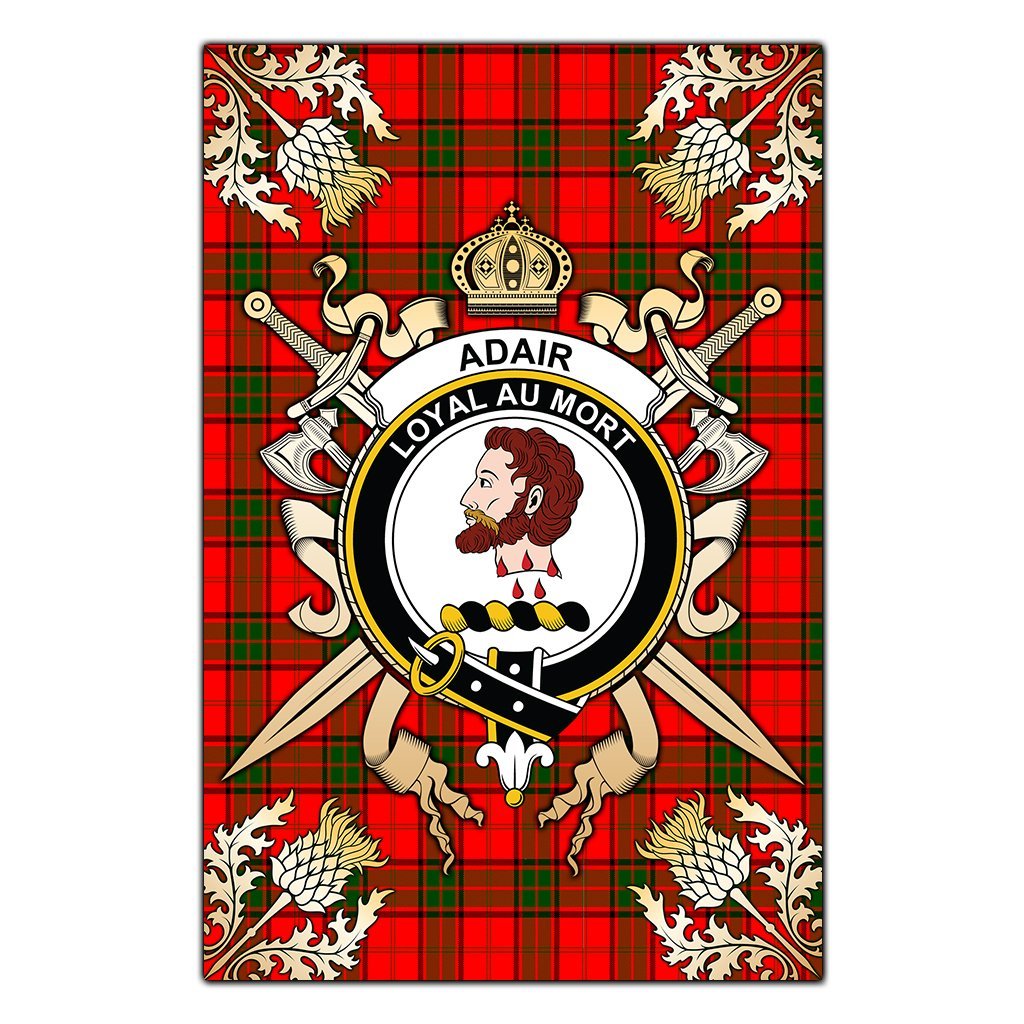 Adair Tartan Crest Black Garden Flag - Gold Thistle Style
