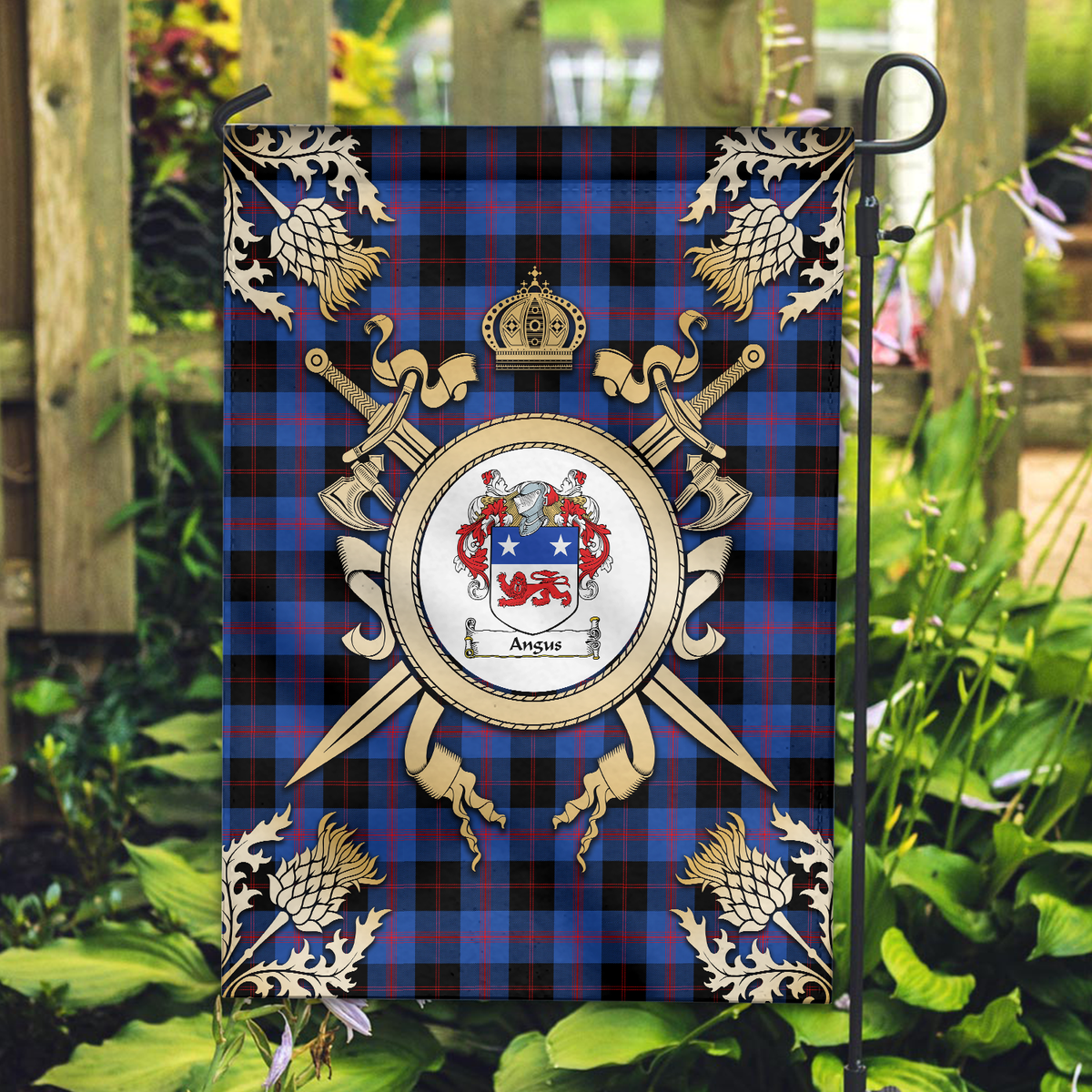 Angus Modern Tartan Crest Black Garden Flag - Gold Thistle Style