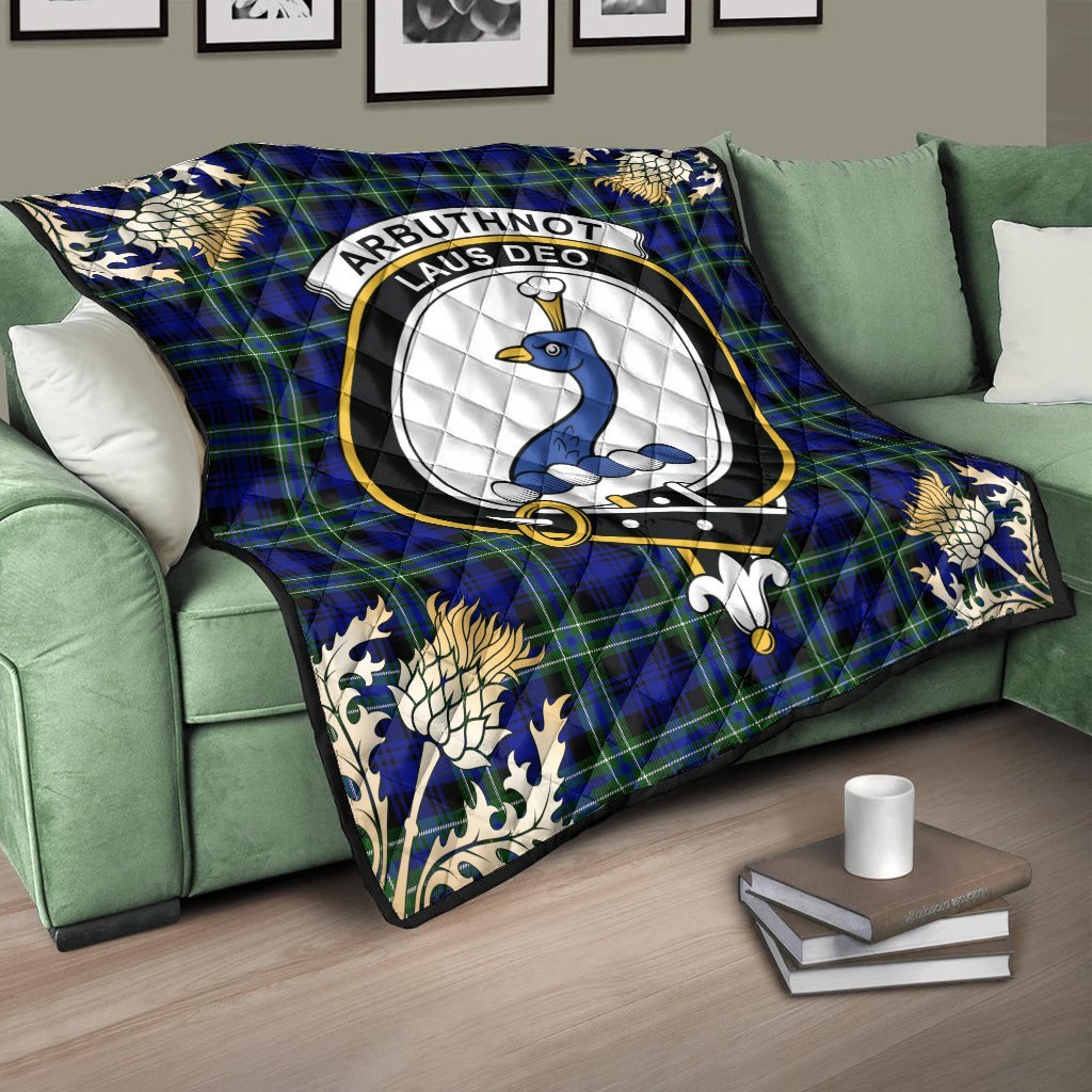 Arbuthnot Modern Tartan Crest Premium Quilt - Gold Thistle Style