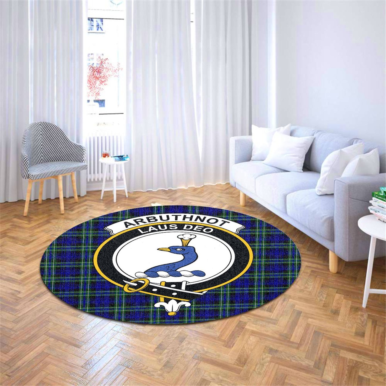 Arbuthnot Modern Tartan Crest Round Rug