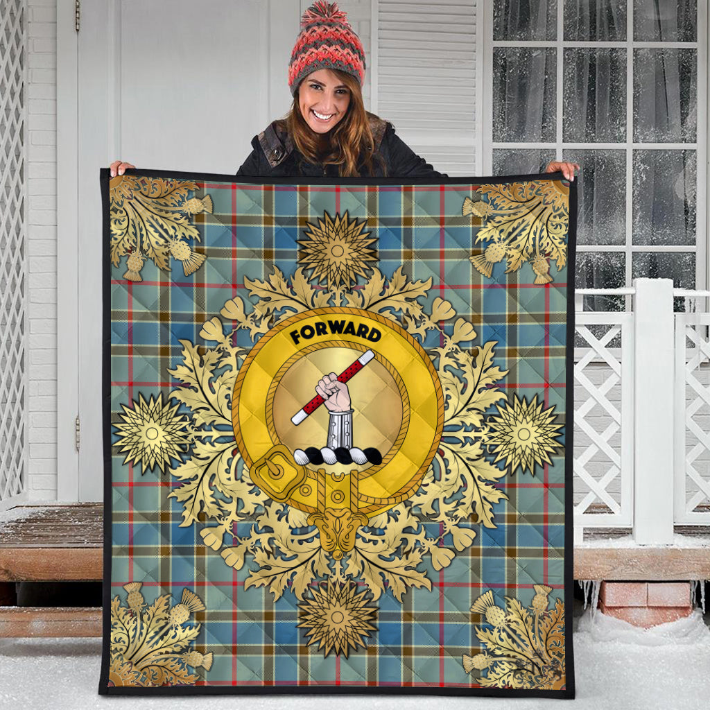 Balfour Blue Tartan Crest Premium Quilt - Gold Thistle Style