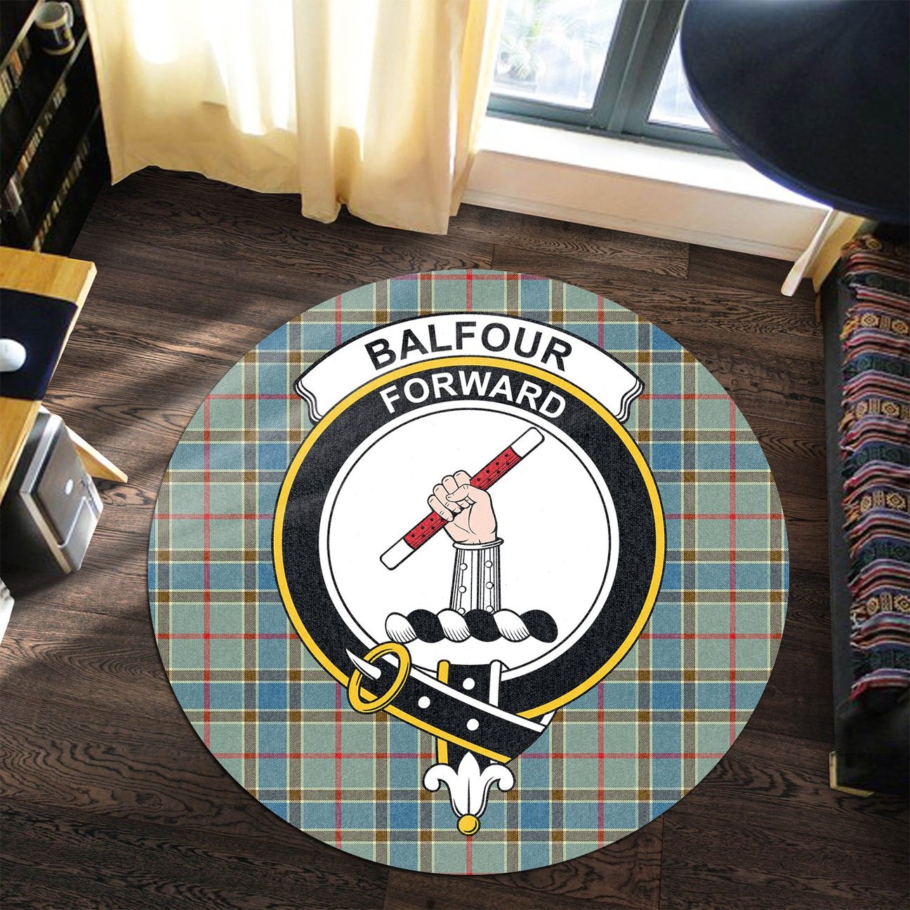 Balfour Blue Tartan Crest Round Rug