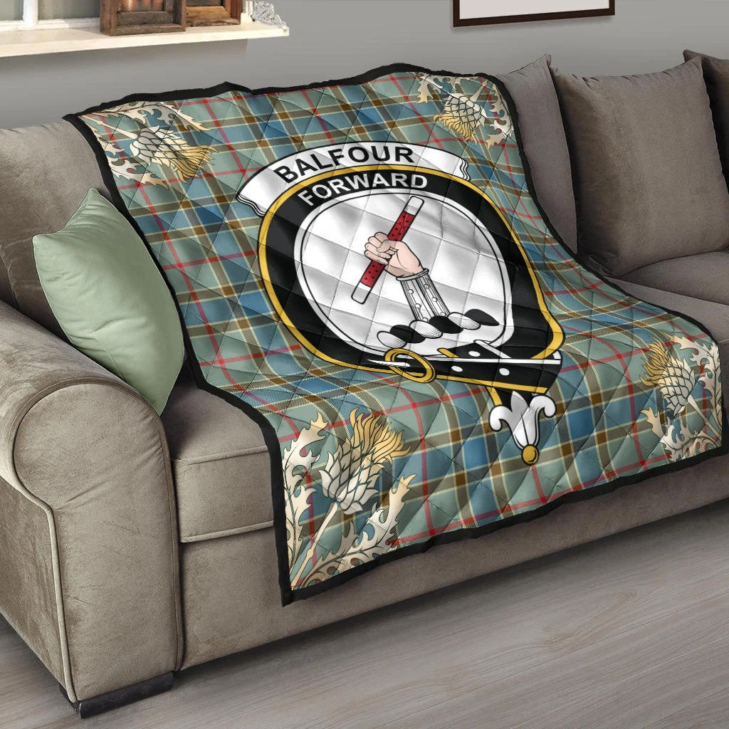 Balfour Blue Tartan Crest Premium Quilt - Gold Thistle Style