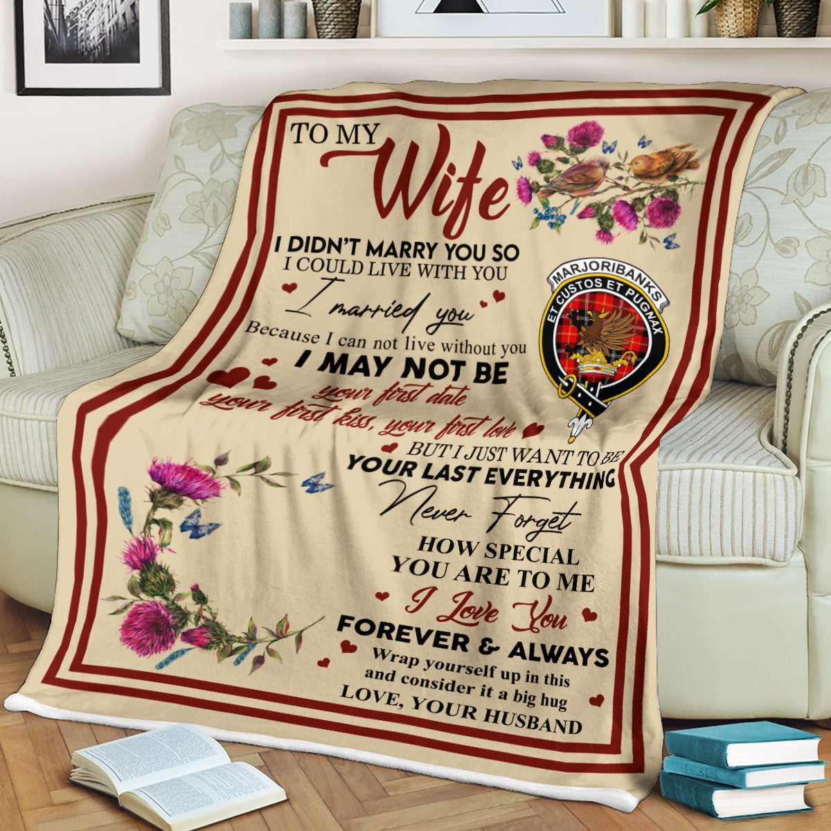 Scots Print Blanket - Marjoribanks Tartan Crest Blanket To My Wife Style, Gift From Scottish Husband