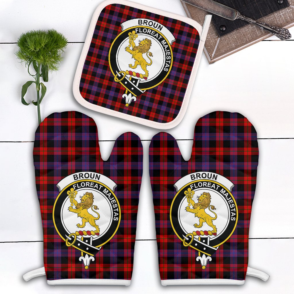 Broun Modern Tartan Crest Oven Mitt And Pot Holder (2 Oven Mitts + 1 Pot Holder)