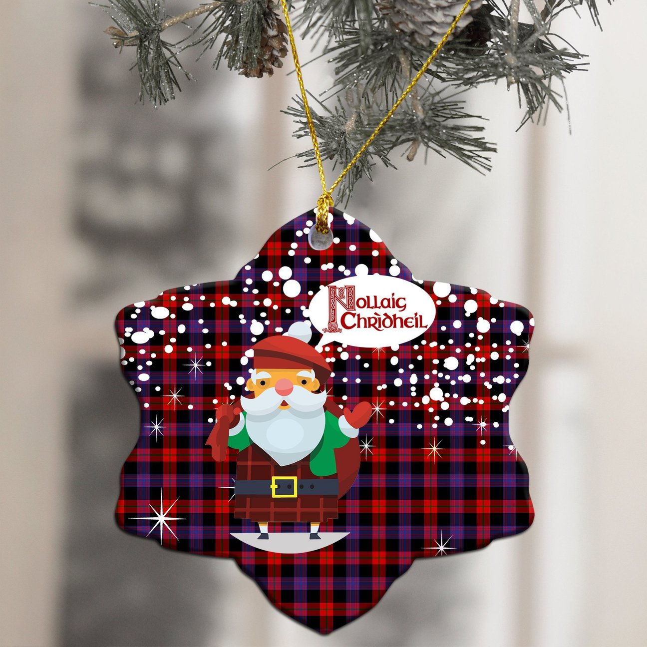 Brown Modern Tartan Christmas Ceramic Ornament - Santa Style