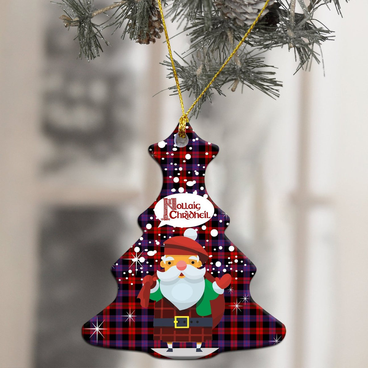 Brown Modern Tartan Christmas Ceramic Ornament - Santa Style