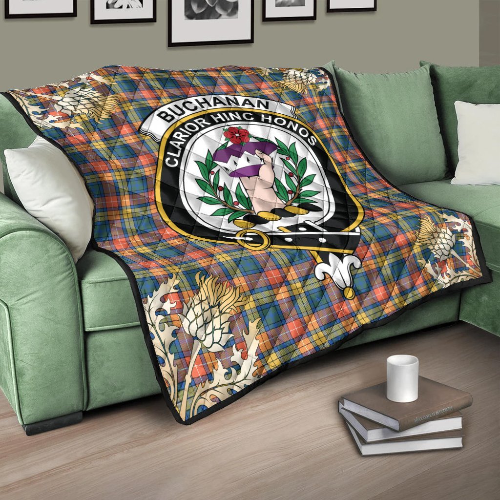 Buchanan Ancient Tartan Crest Premium Quilt - Gold Thistle Style