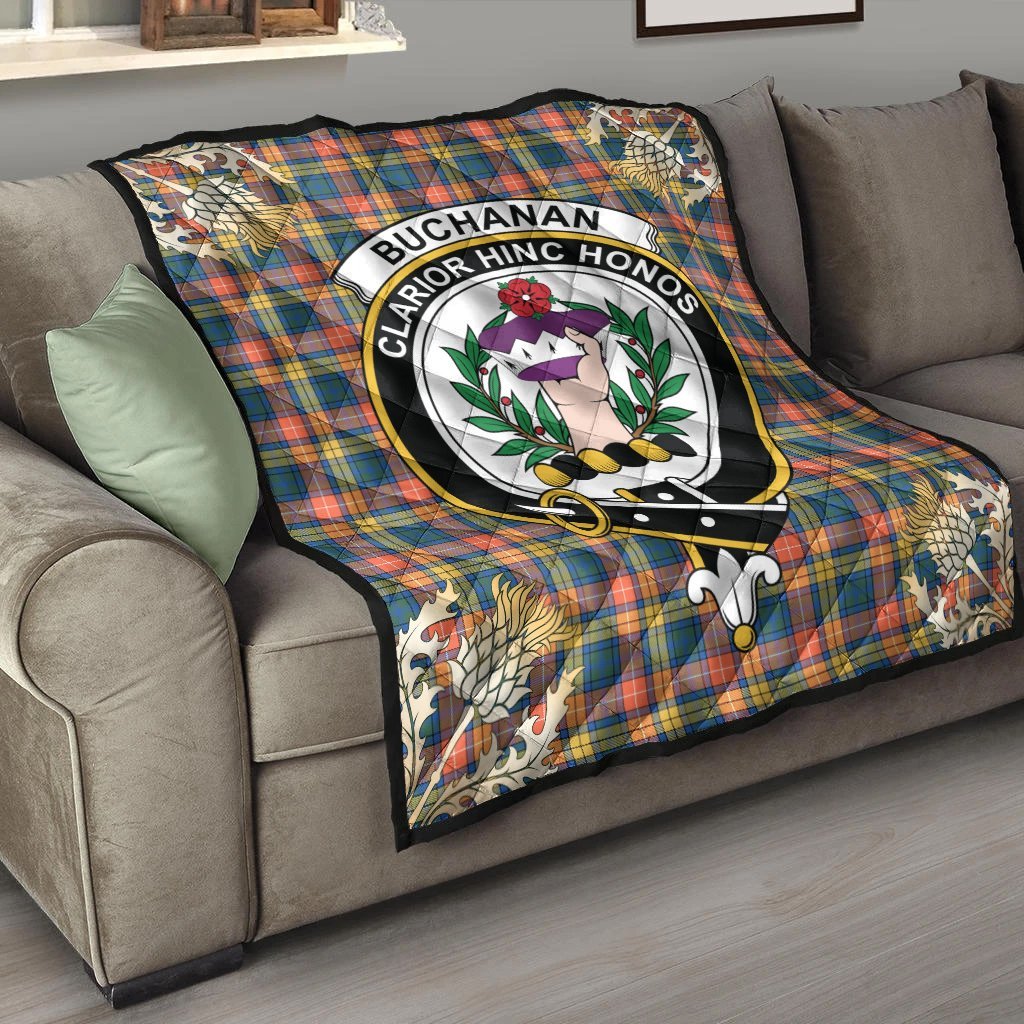 Buchanan Ancient Tartan Crest Premium Quilt - Gold Thistle Style