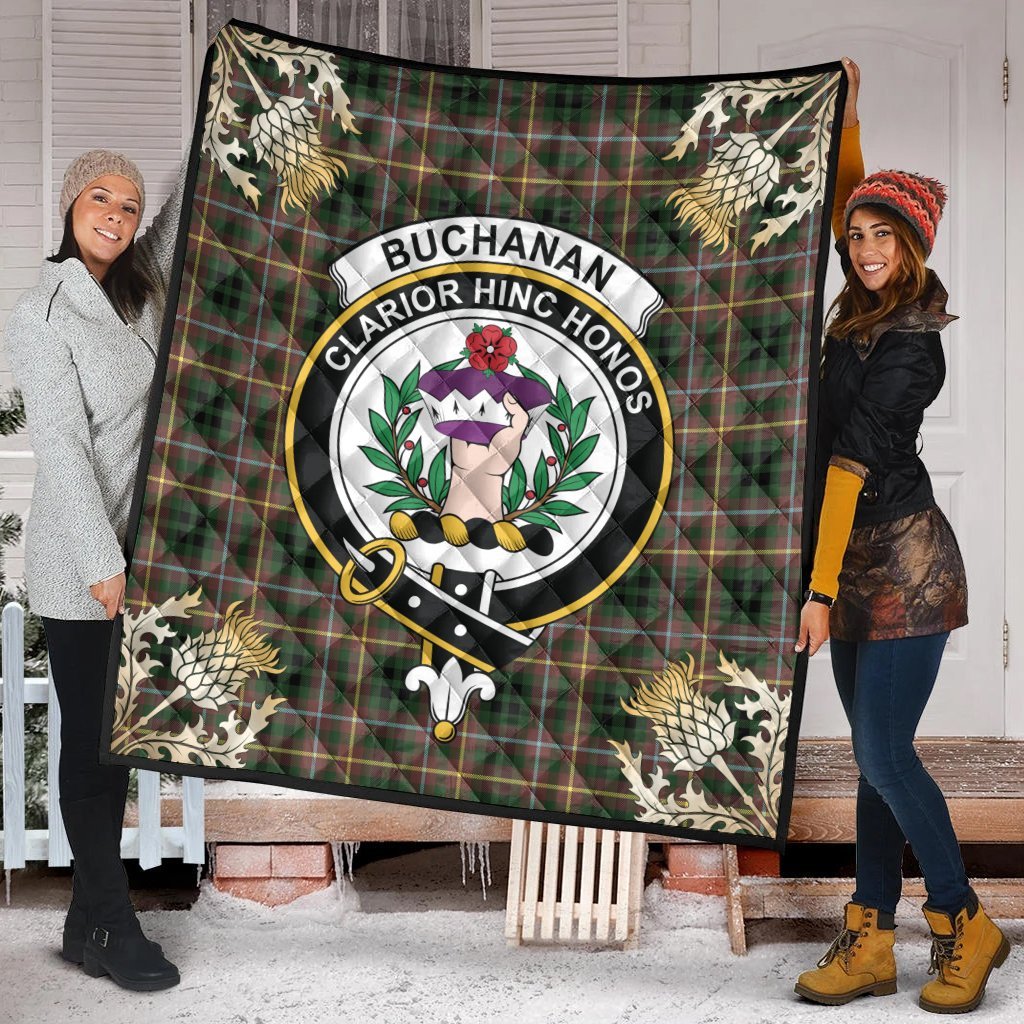 Buchanan Hunting Tartan Crest Premium Quilt - Gold Thistle Style