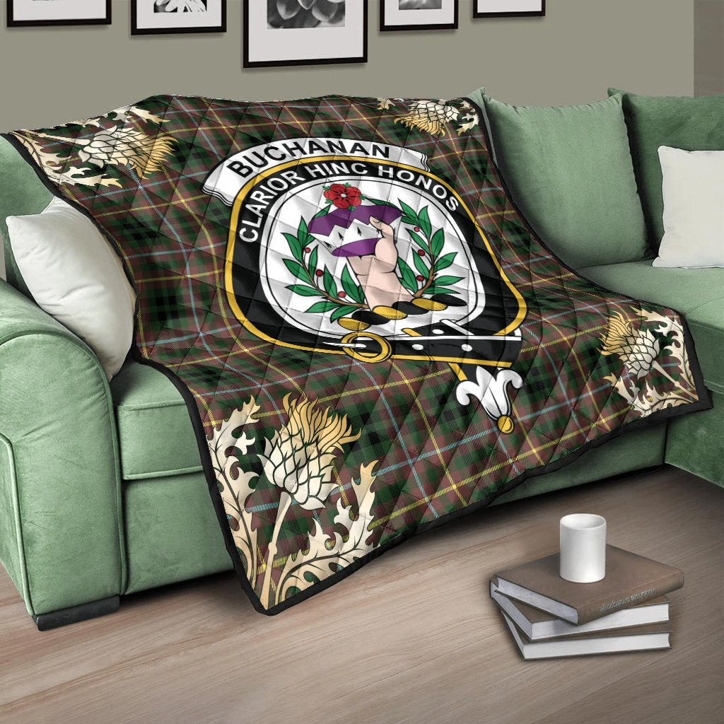 Buchanan Hunting Tartan Crest Premium Quilt - Gold Thistle Style