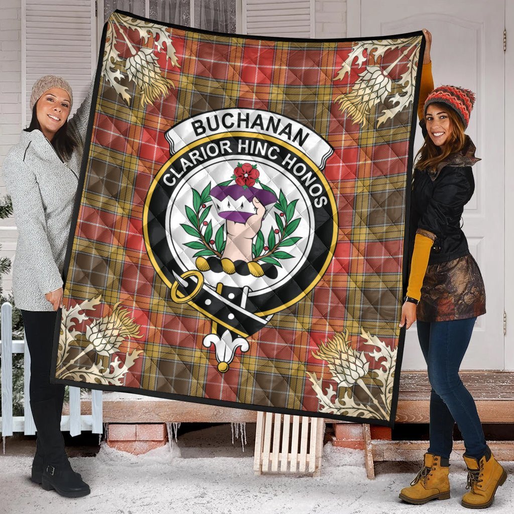 Buchanan Old Set Weathered Tartan Crest Premium Quilt - Gold Thistle Style