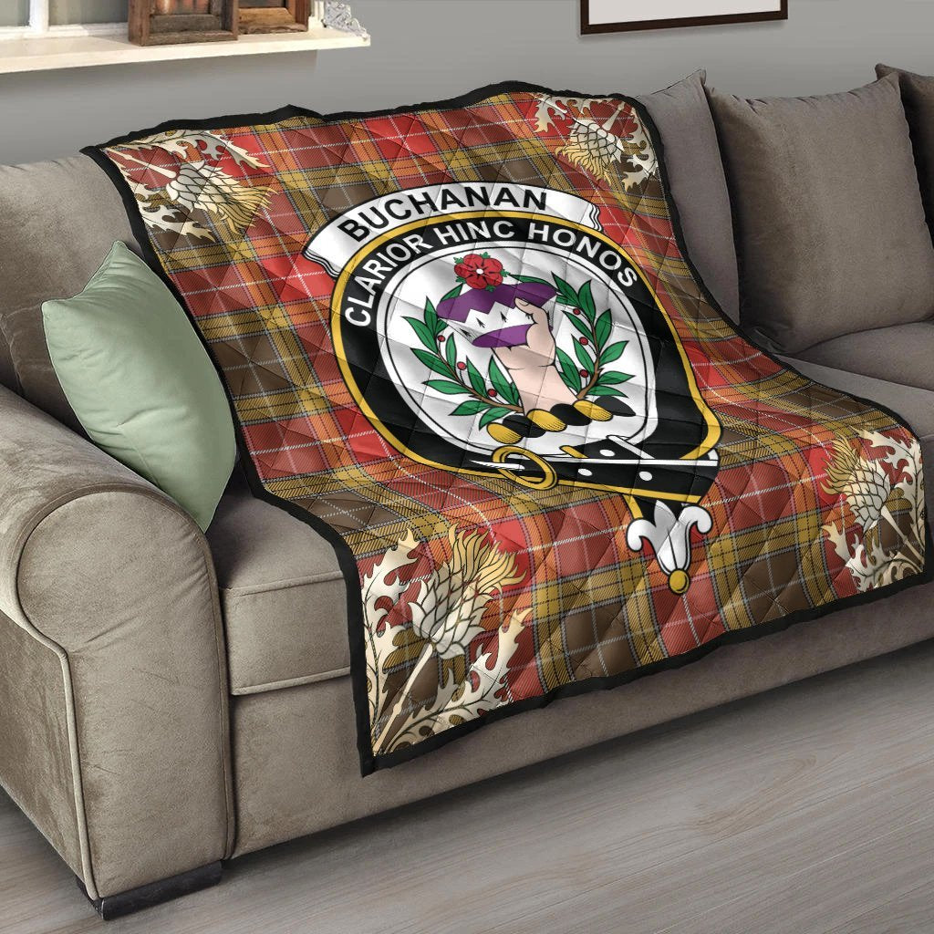 Buchanan Old Set Weathered Tartan Crest Premium Quilt - Gold Thistle Style