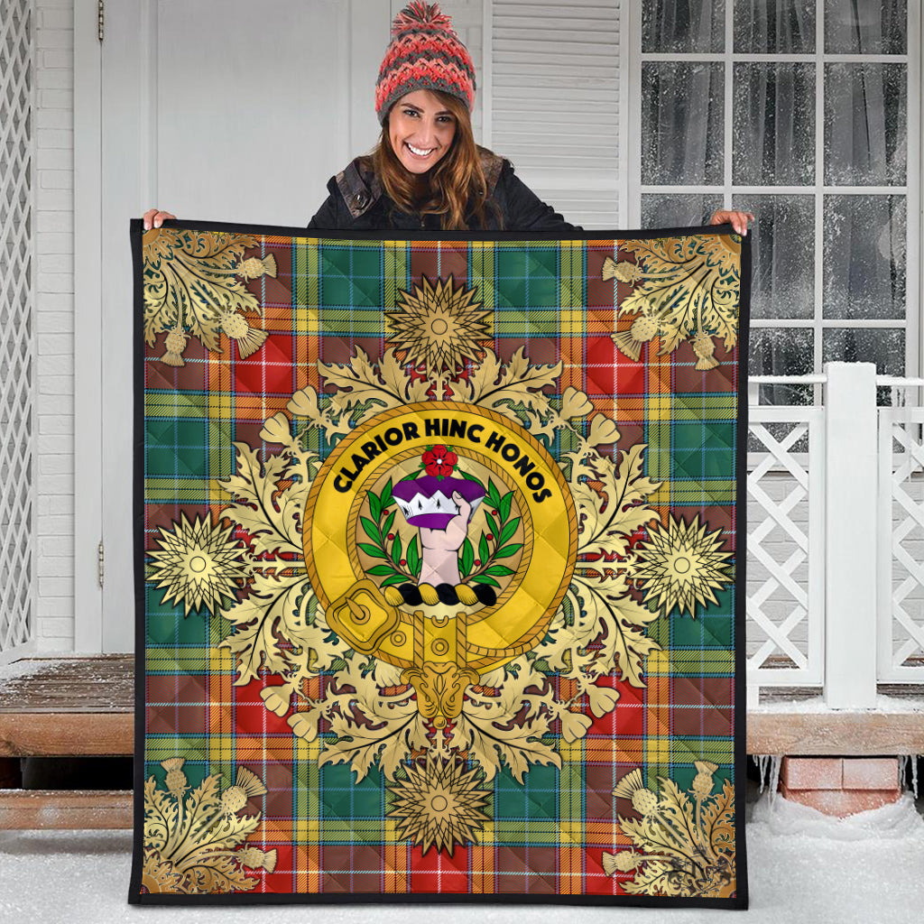 Buchanan Old Sett Tartan Crest Premium Quilt - Gold Thistle Style