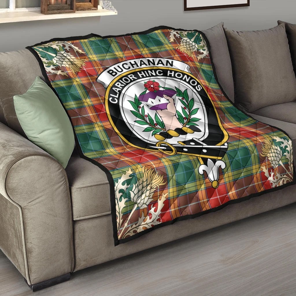 Buchanan Old Sett Tartan Crest Premium Quilt - Gold Thistle Style