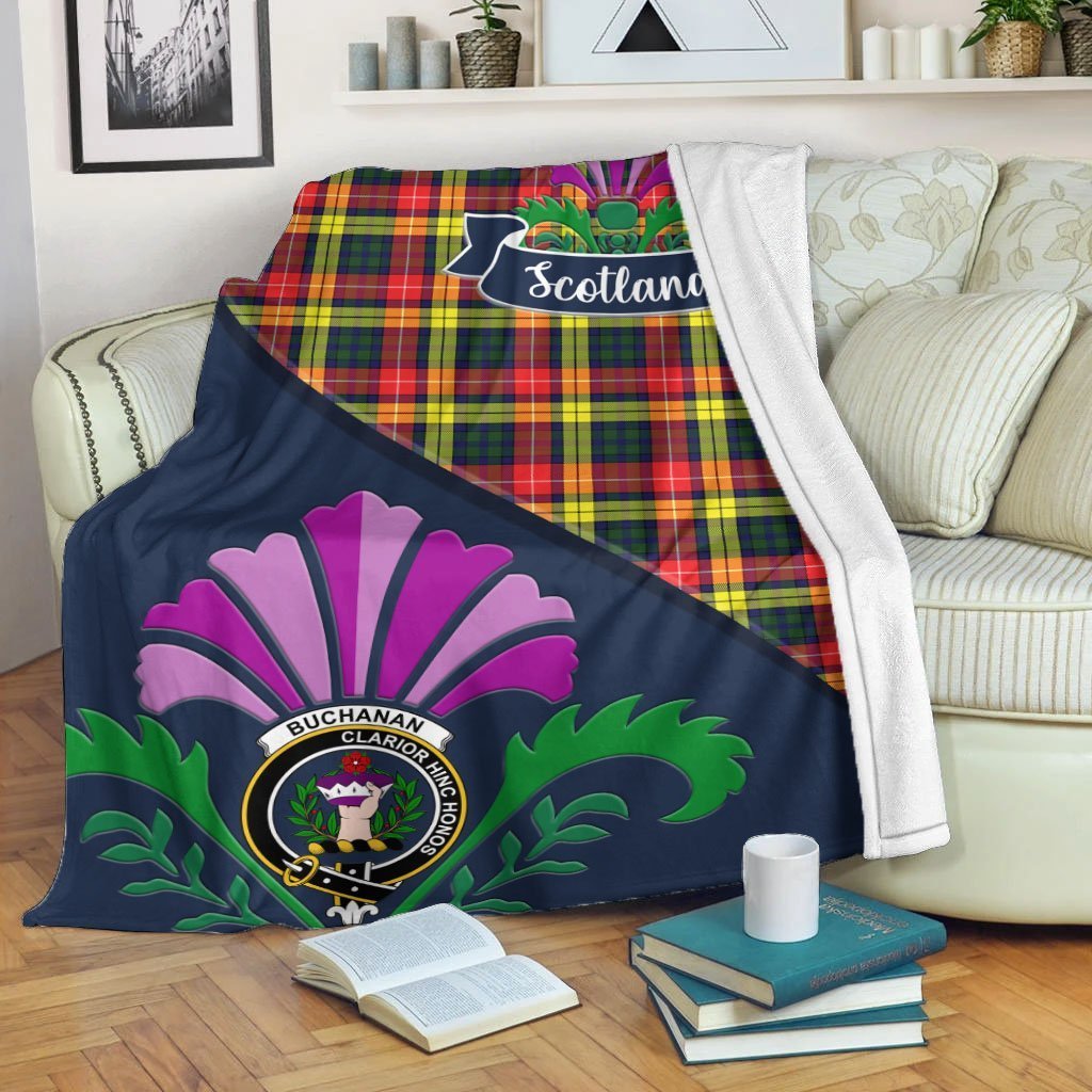 Buchan Tartan Crest Premium Blanket - Thistle Style