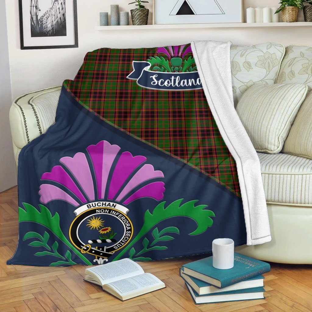 Buchanan Tartan Crest Premium Blanket - Thistle Style