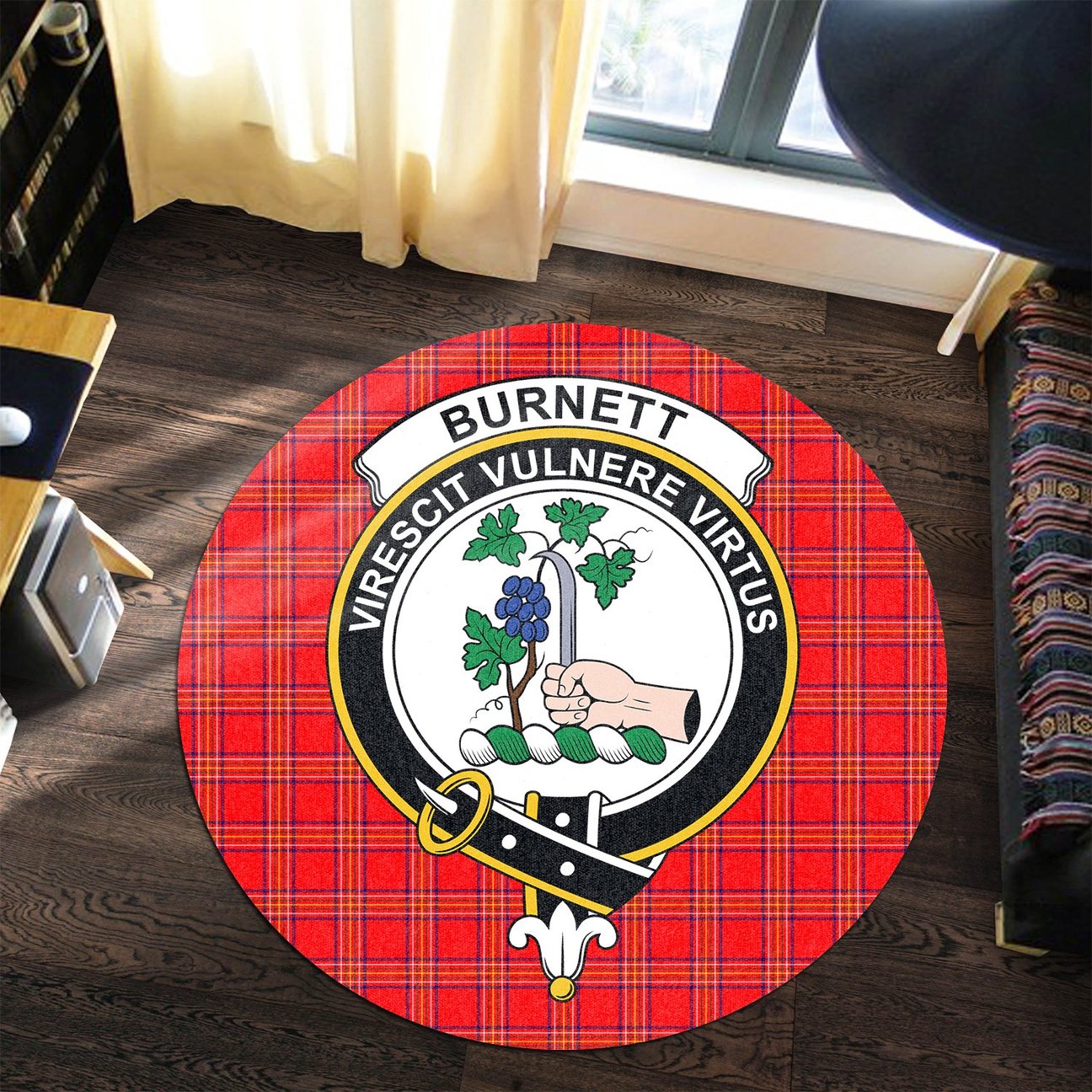 Burnett Modern Tartan Crest Round Rug