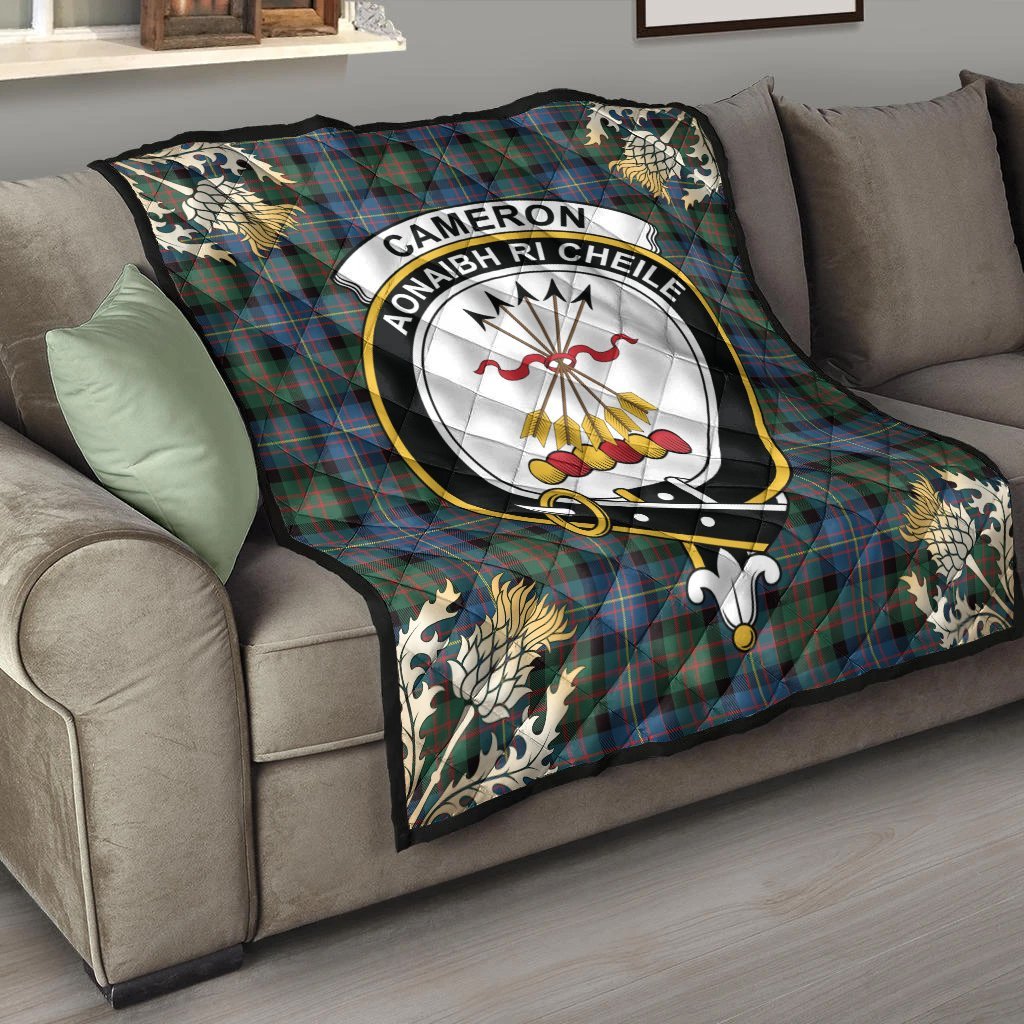 Cameron of Erracht Ancient Tartan Crest Premium Quilt - Gold Thistle Style
