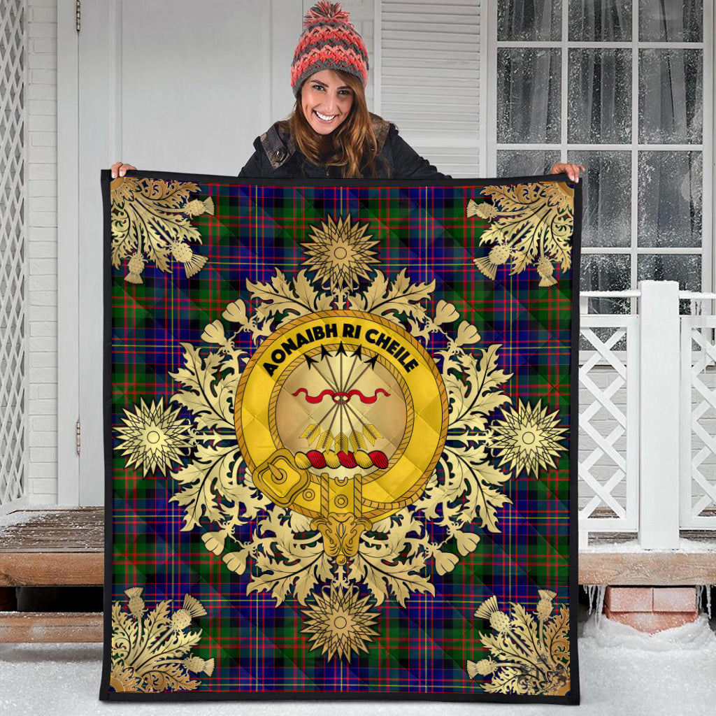 Cameron of Erracht Modern Tartan Crest Premium Quilt - Gold Thistle Style