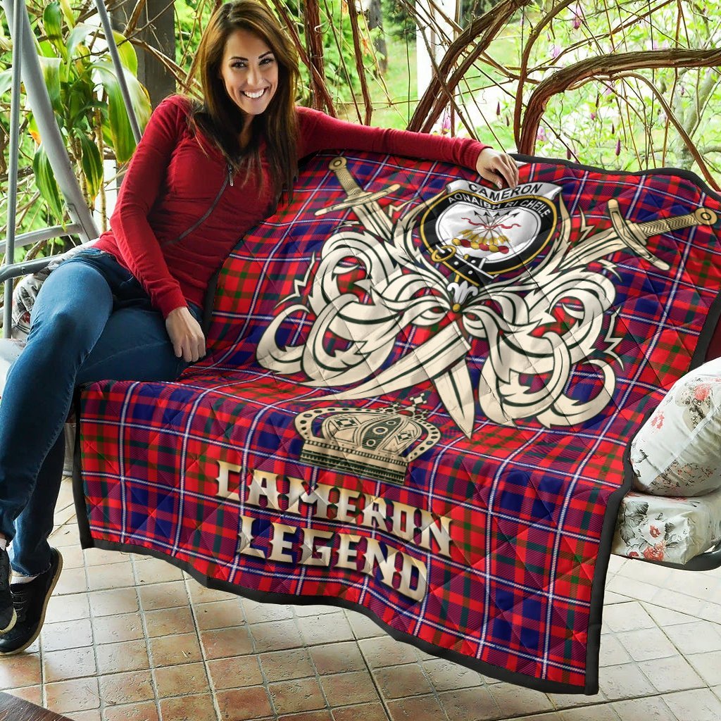 Cameron of Lochiel Modern Tartan Crest Legend Gold Royal Premium Quilt