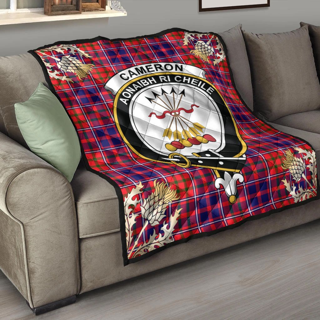 Cameron of Lochiel Modern Tartan Crest Premium Quilt - Gold Thistle Style