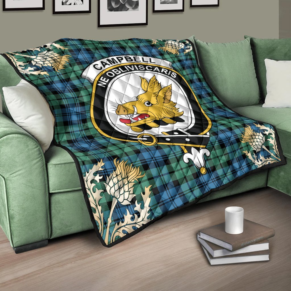 Campbell Ancient 01 Tartan Crest Premium Quilt - Gold Thistle Style