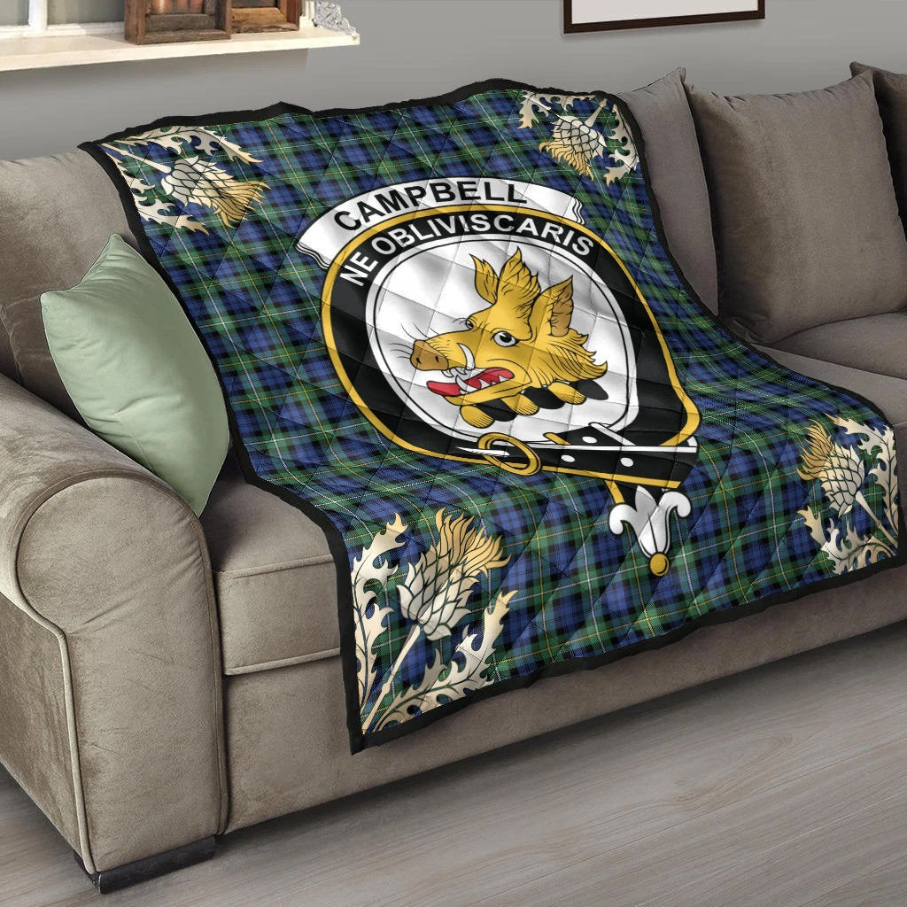 Campbell Argyll Ancient Tartan Crest Premium Quilt - Gold Thistle Style