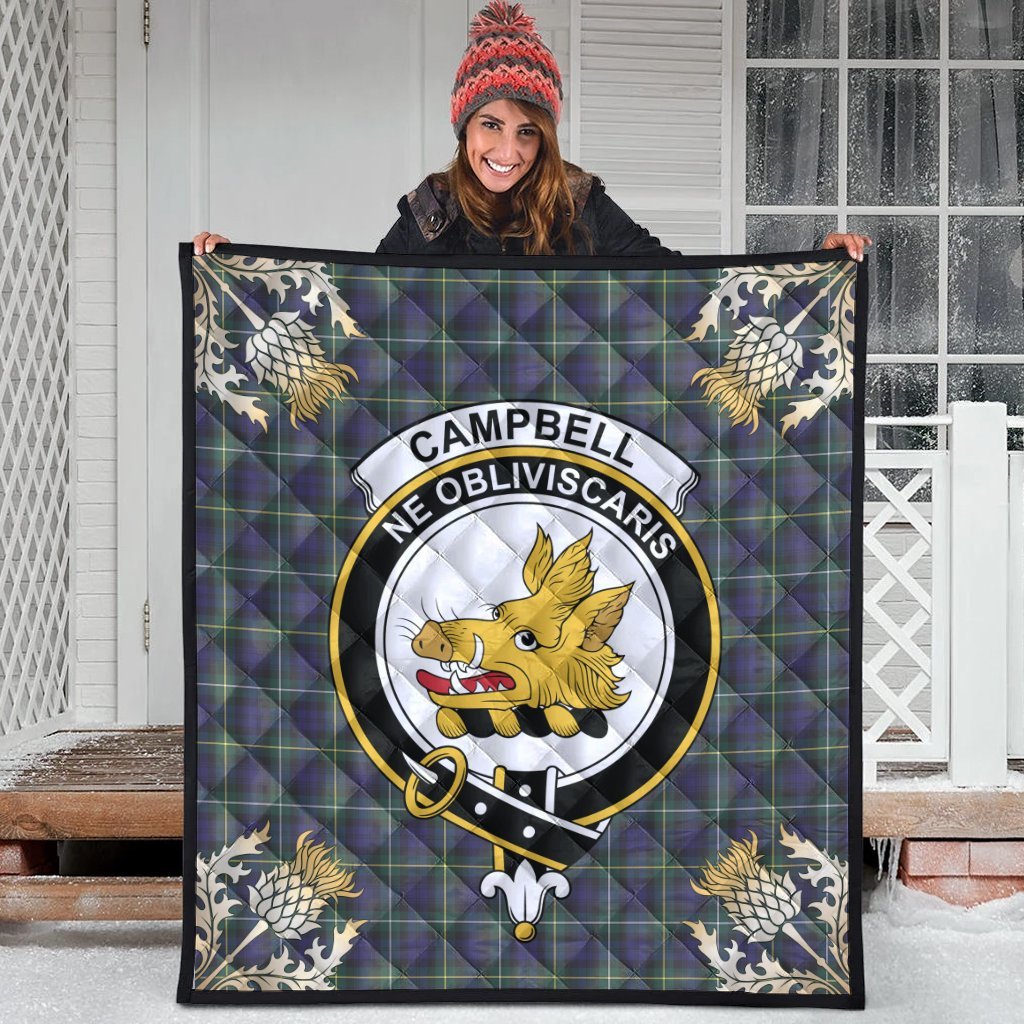 Campbell Argyll Modern Tartan Crest Premium Quilt - Gold Thistle Style