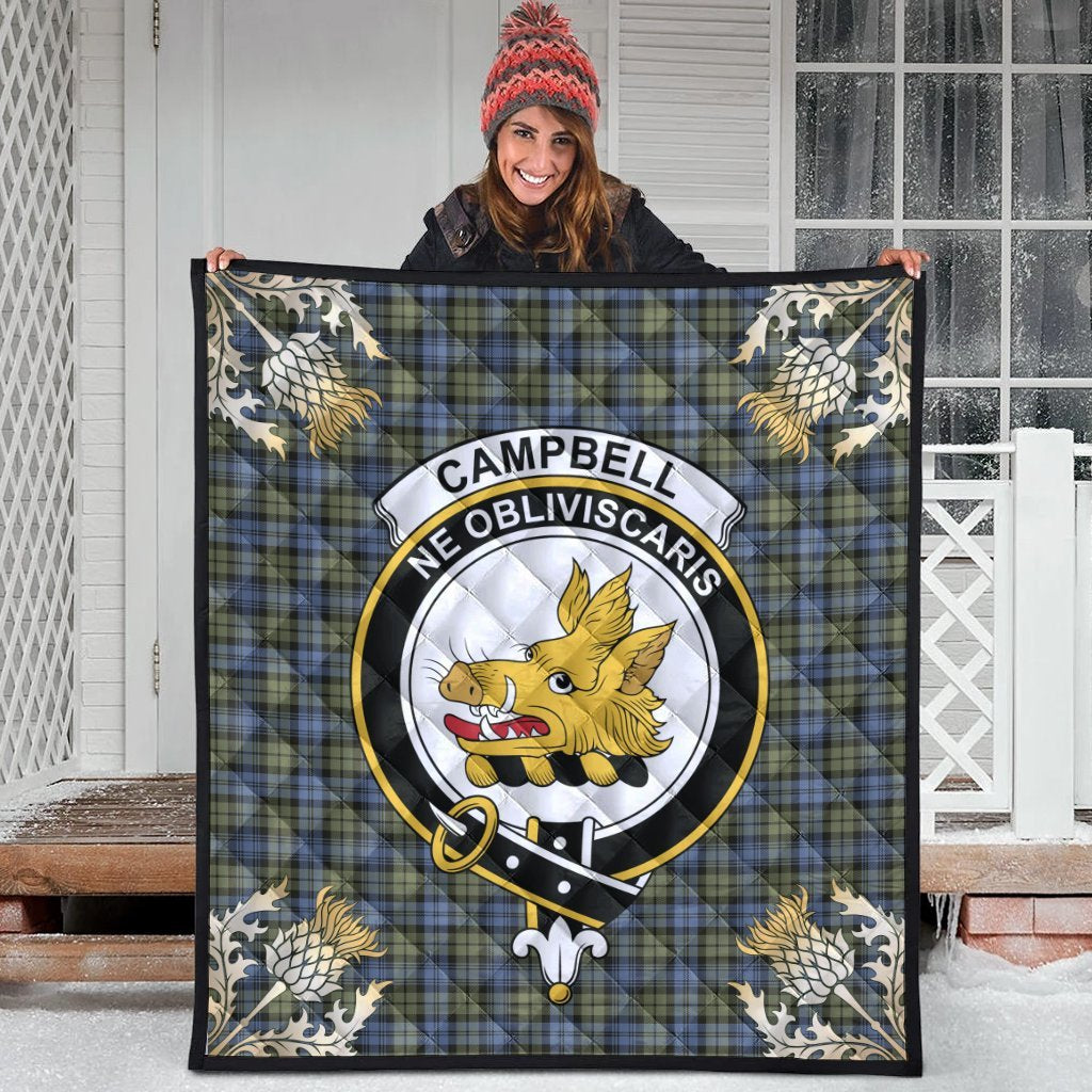Campbell Faded Tartan Crest Premium Quilt - Gold Thistle Style