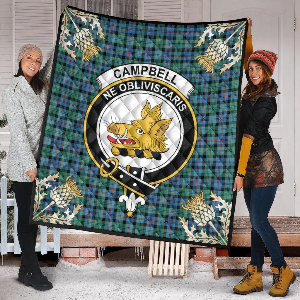Campbell of Cawdor Ancient Tartan Crest Premium Quilt - Gold Thistle Style