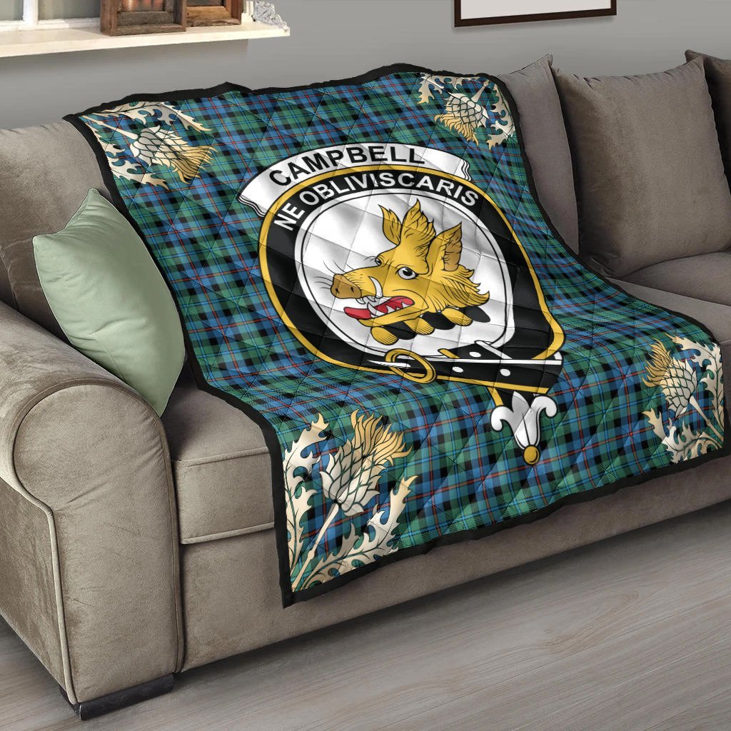 Campbell of Cawdor Ancient Tartan Crest Premium Quilt - Gold Thistle Style