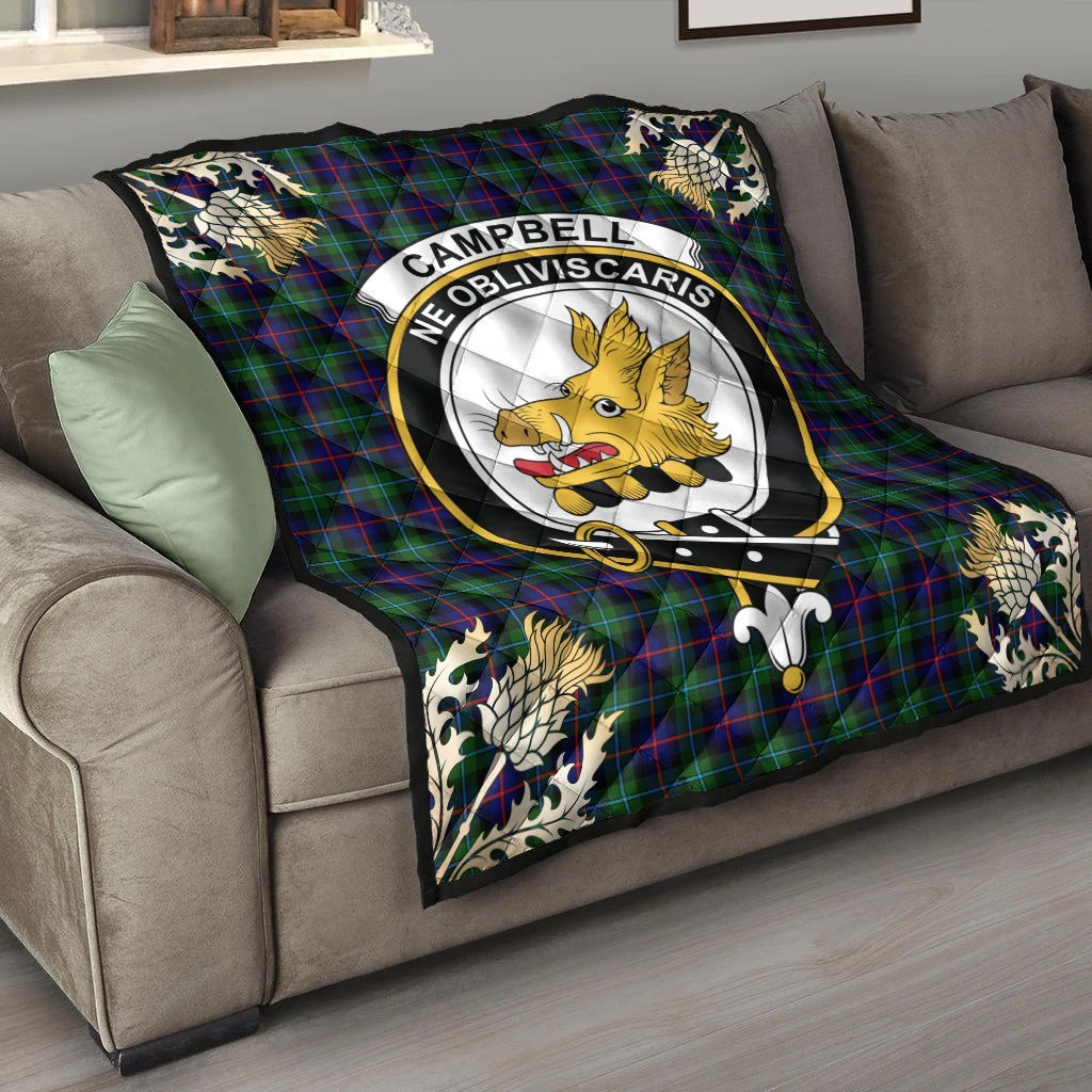Campbell of Cawdor Modern Tartan Crest Premium Quilt - Gold Thistle Style