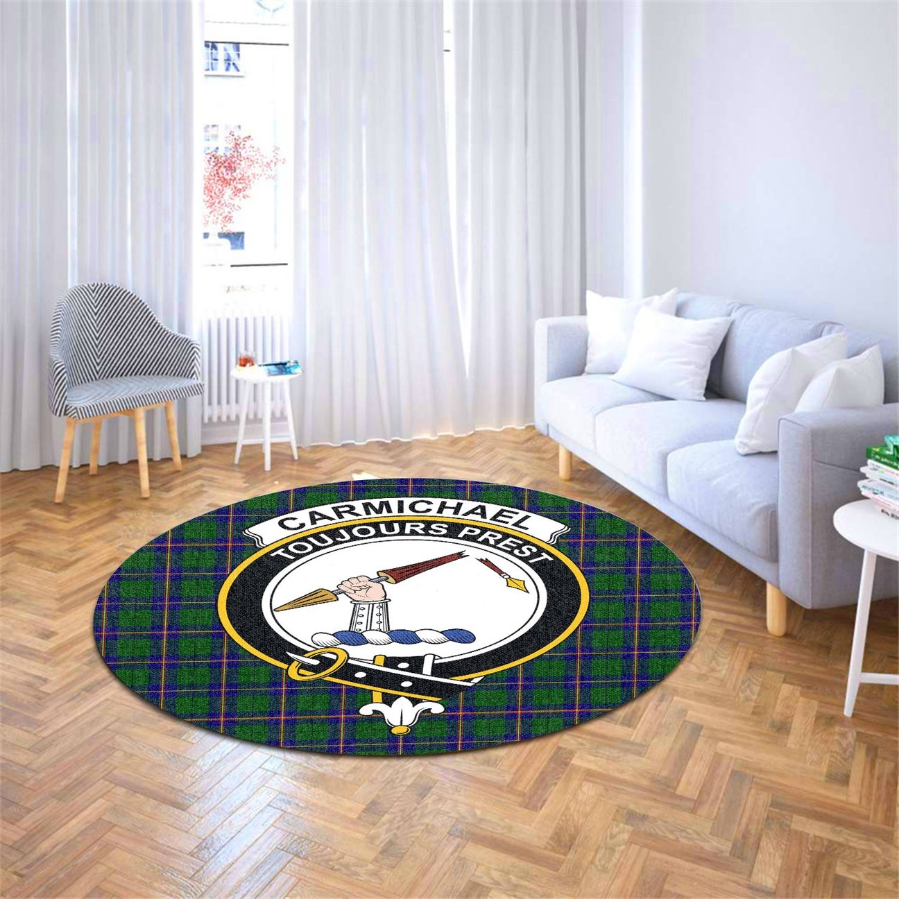 Carmichael Modern Tartan Crest Round Rug