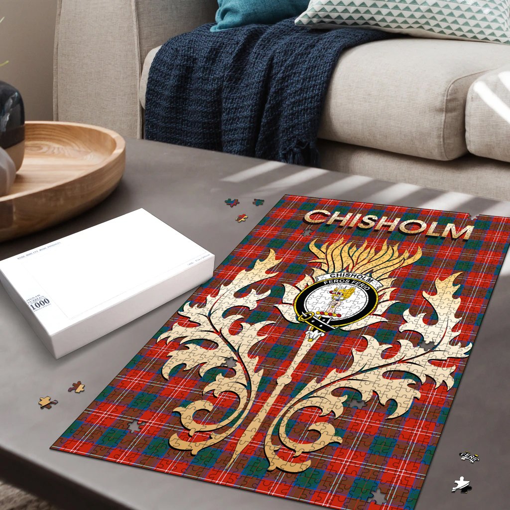 Chisholm Ancient Tartan Crest Thistle Jigsaw Puzzles