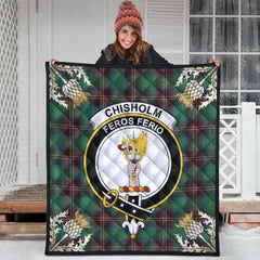 Chisholm Hunting Ancient Tartan Crest Premium Quilt - Gold Thistle Style