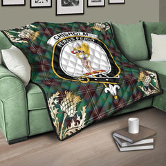 Chisholm Hunting Ancient Tartan Crest Premium Quilt - Gold Thistle Style