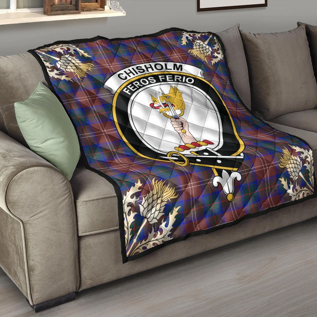 Chisholm Hunting Modern Tartan Crest Premium Quilt - Gold Thistle Style