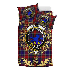 Clark (Lion) Red Tartan Crest Bedding Set - Golden Thistle Style
