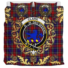 Clark (Lion) Red Tartan Crest Bedding Set - Golden Thistle Style