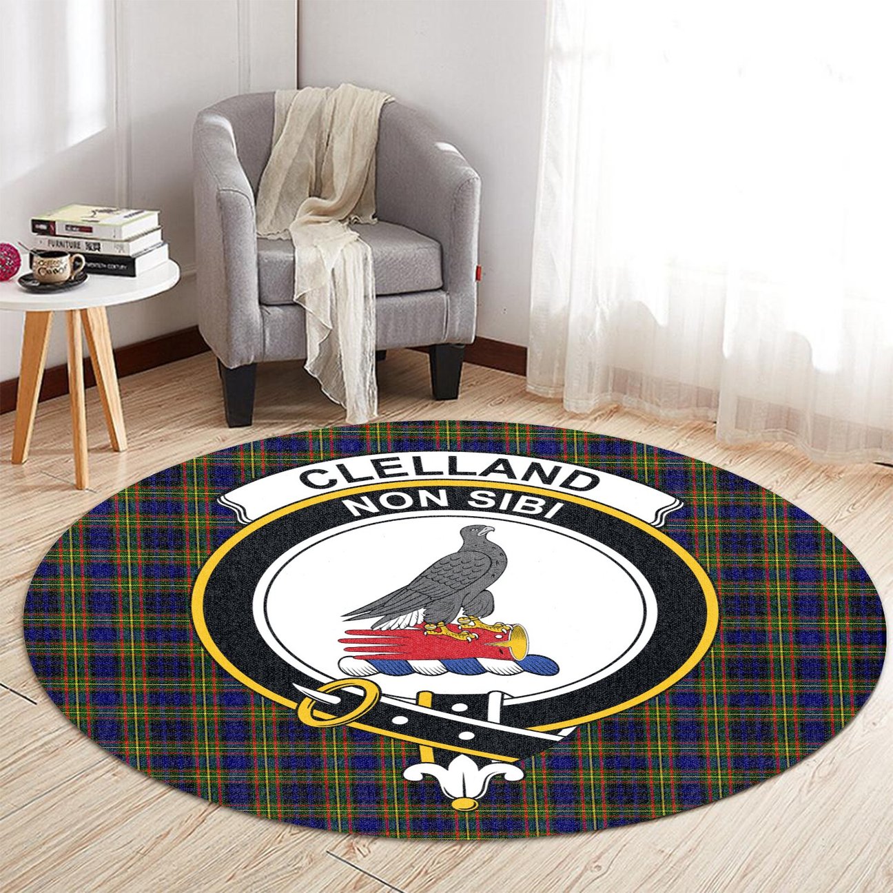 Clelland Modern Tartan Crest Round Rug