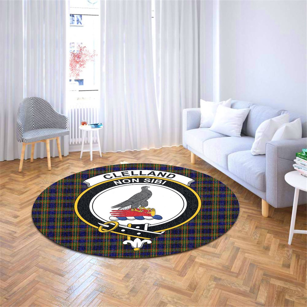 Clelland Modern Tartan Crest Round Rug