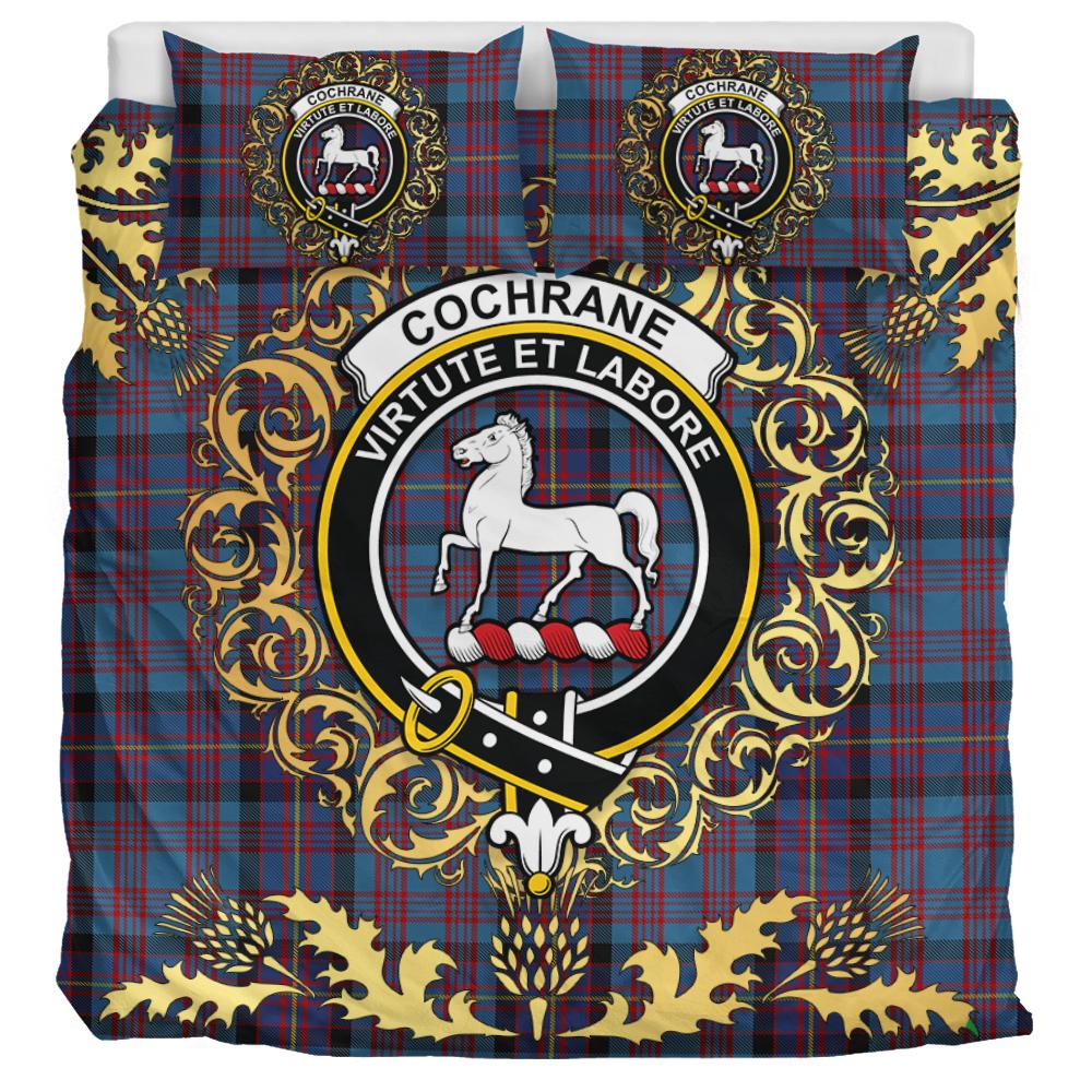 Cochrane Azure Tartan Crest Bedding Set - Golden Thistle Style