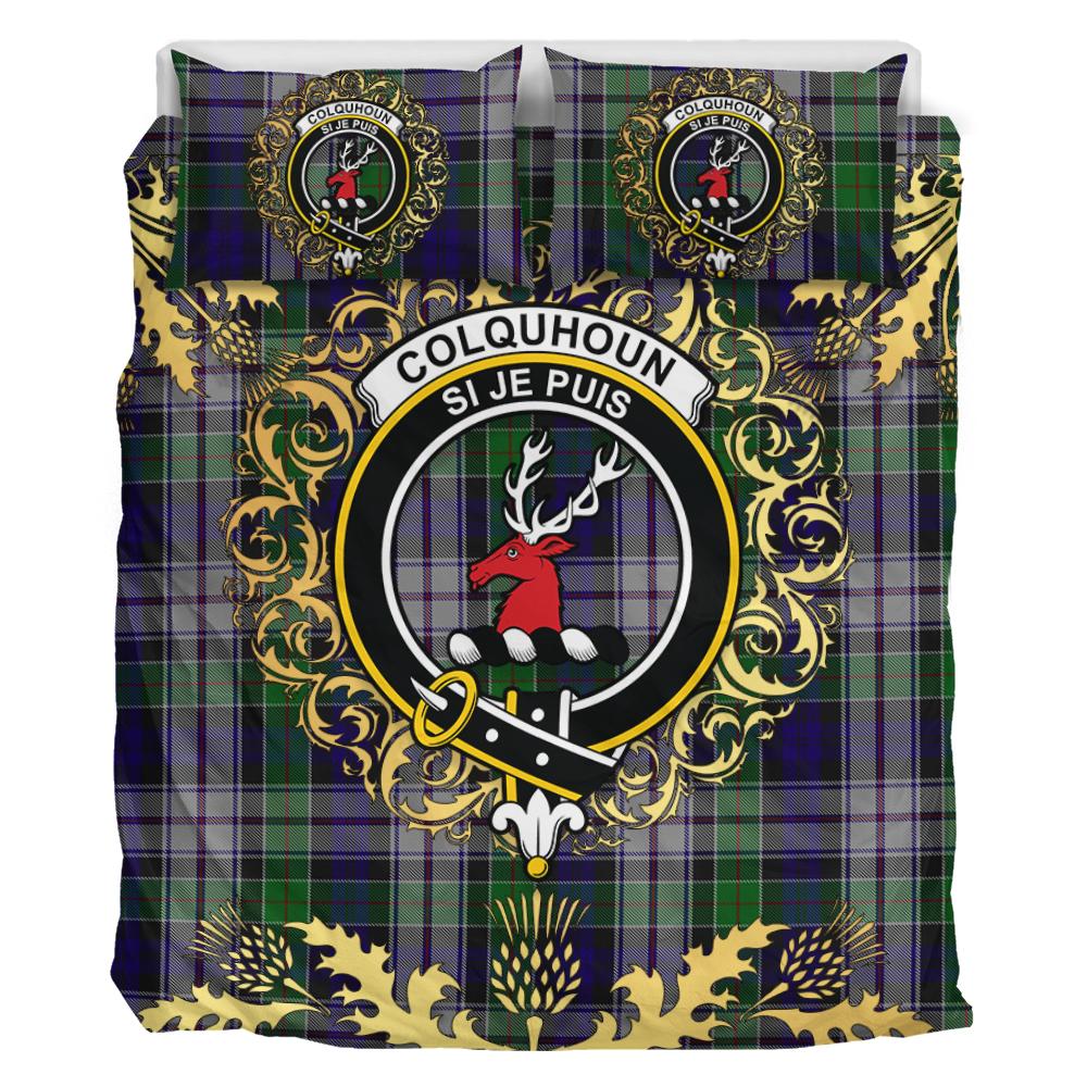 Colquhoun Dress Tartan Crest Bedding Set - Golden Thistle Style