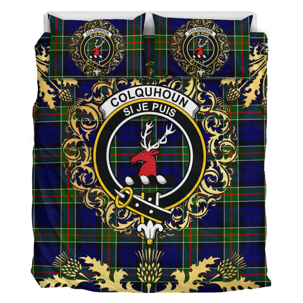 Colquhoun Modern Tartan Crest Bedding Set - Golden Thistle Style