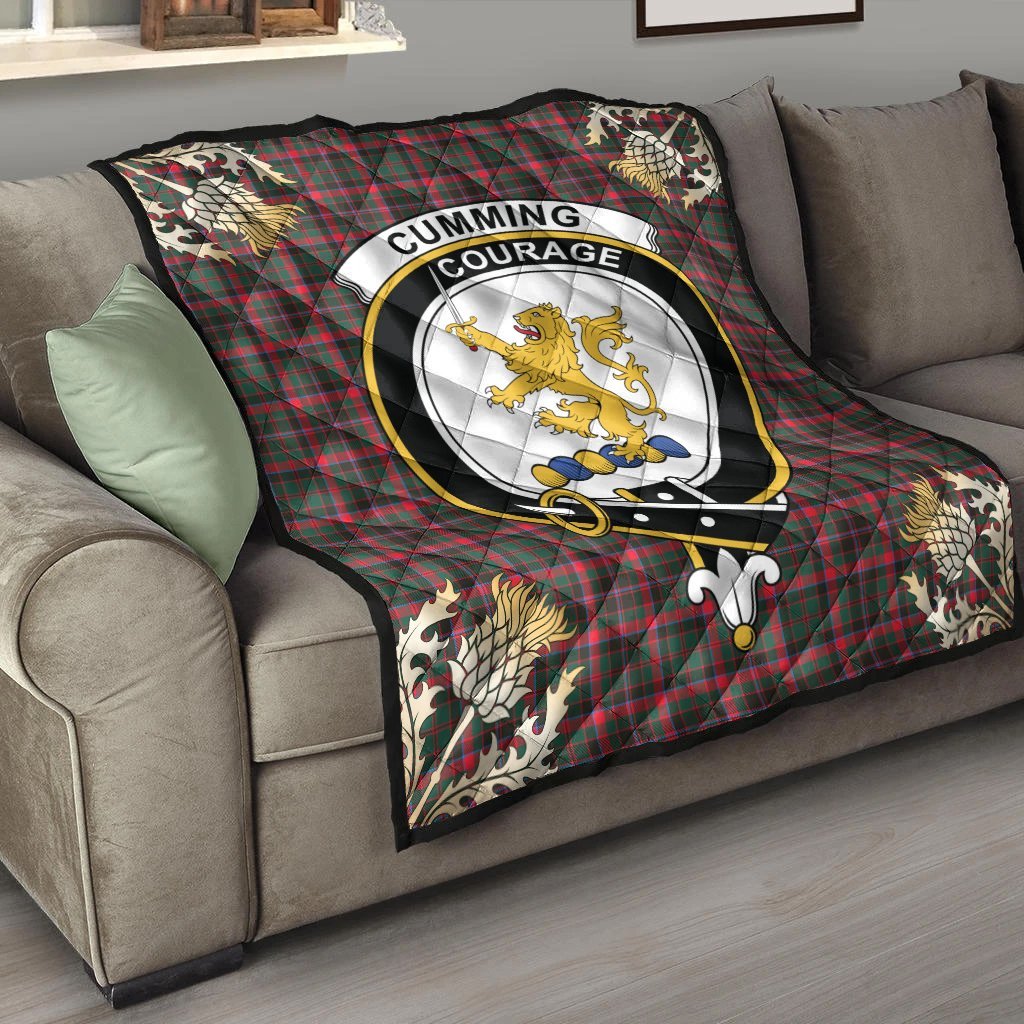 Cumming Hunting Modern Tartan Crest Premium Quilt - Gold Thistle Style